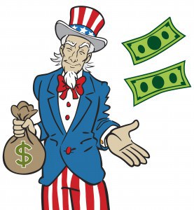 Illustration of Uncle Sam holding a money back and throwing money