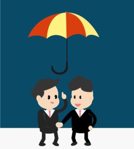 Illustration of two men shaking hands with an umbrella floating over them