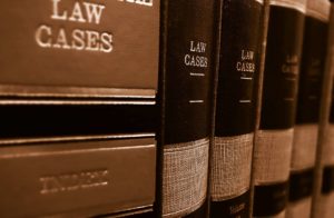 Many books on a shelf titled "Law Cases"