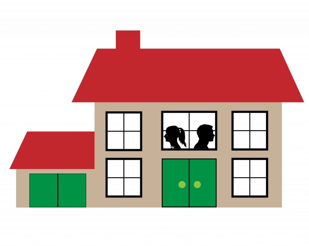 Illustration of a house and two people looking away from each other in the window
