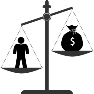 Illustration of a scale of justice holding a person and a money bag