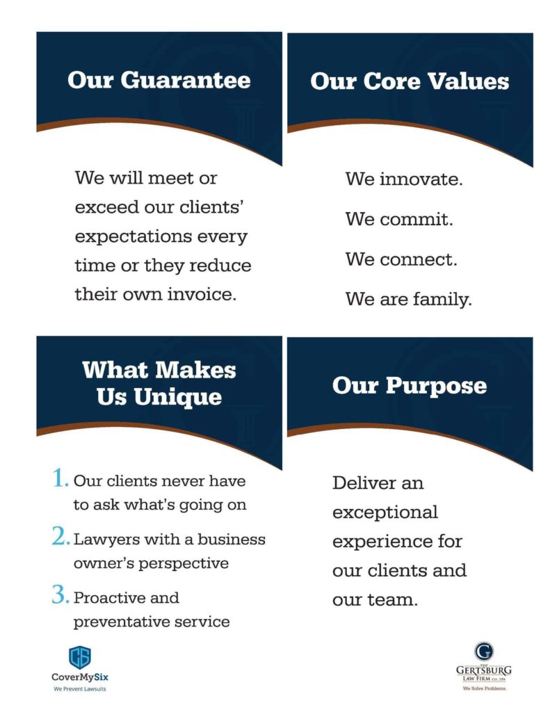 Our guarantee, core values, what makes us unique, and our purpose information