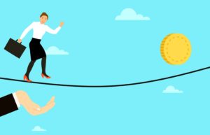 Illustration of a person walking on a tightrope outside towards money in business attire 