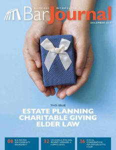 Bar Journal Cover Dec 2019 with the title estate planning charitable giving elder law with hands holding a small present