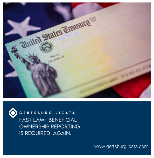 Picture of US Treasury Check and headline: Fast Law: Beneficial Ownership Reporting is Required, Again