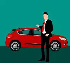 Illustration of a professionally dressed man standing in front of a car pointing at it